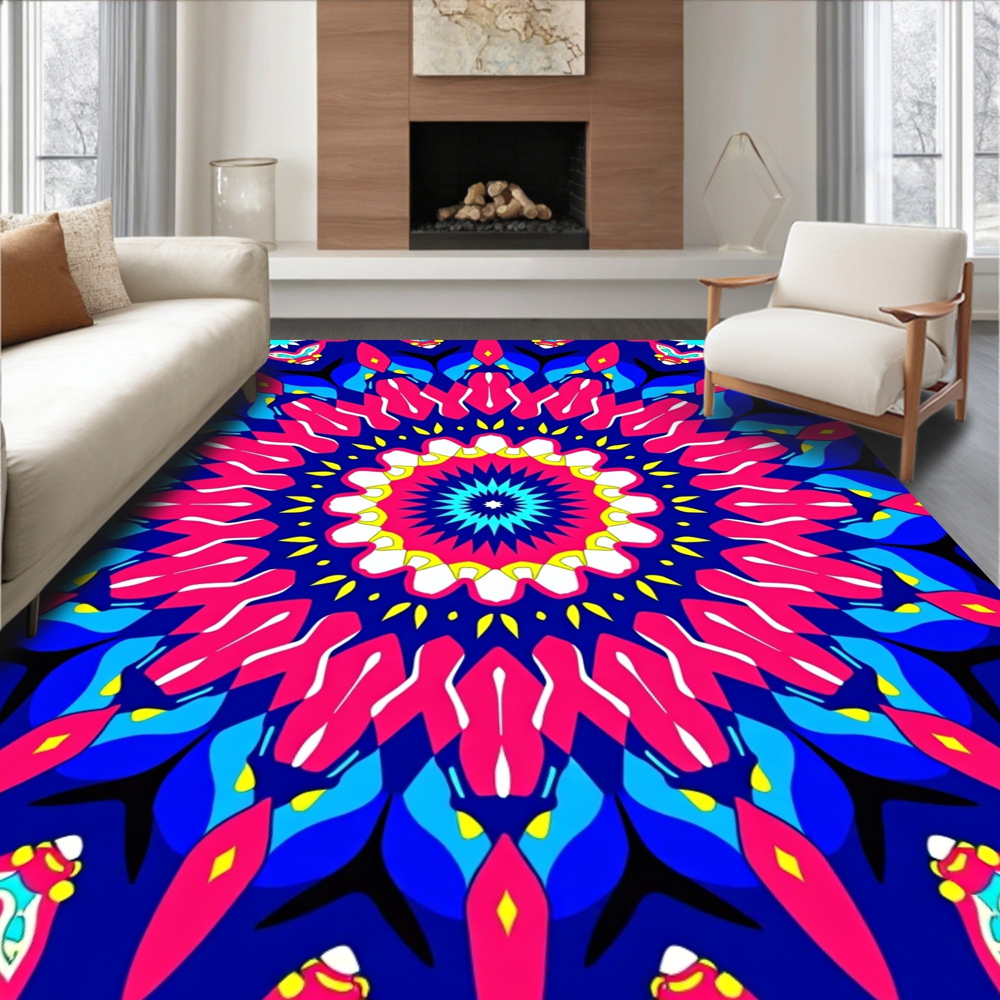 Vibrant Pink Blue Yellow Starburst Rug