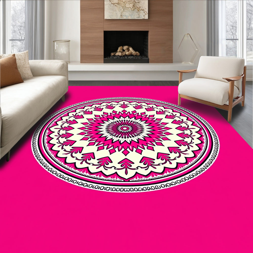 Vibrant Pink Floral Circular Mandala Rug