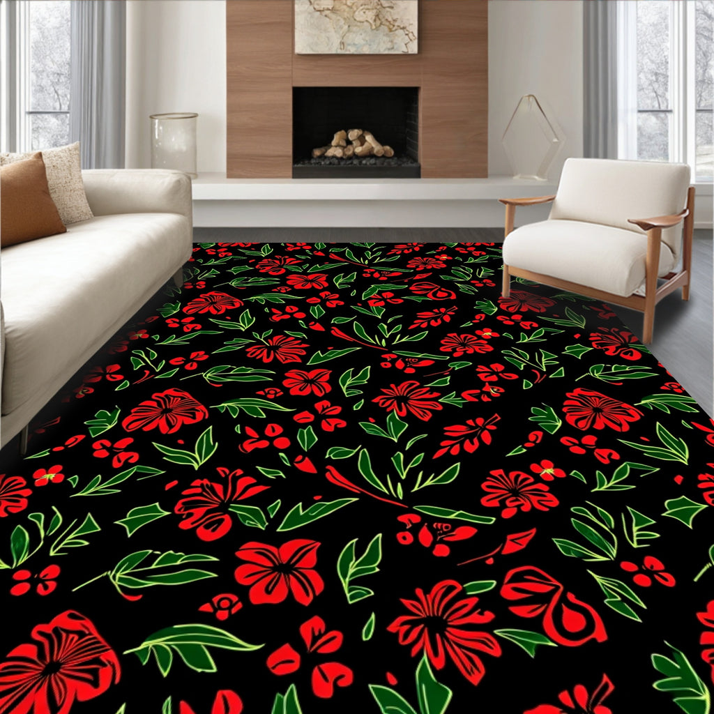 Crimson Red Floral Garden Black Rug