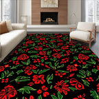 Crimson Red Floral Garden Black Rug