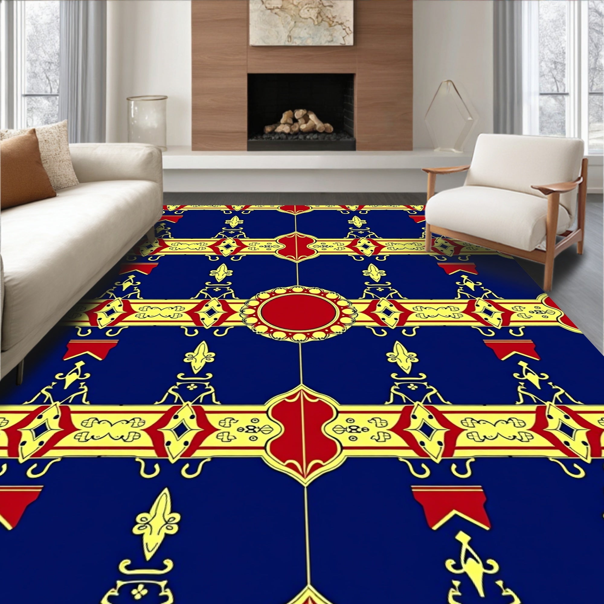 Ornate Crimson Medallion Royal Blue Rug
