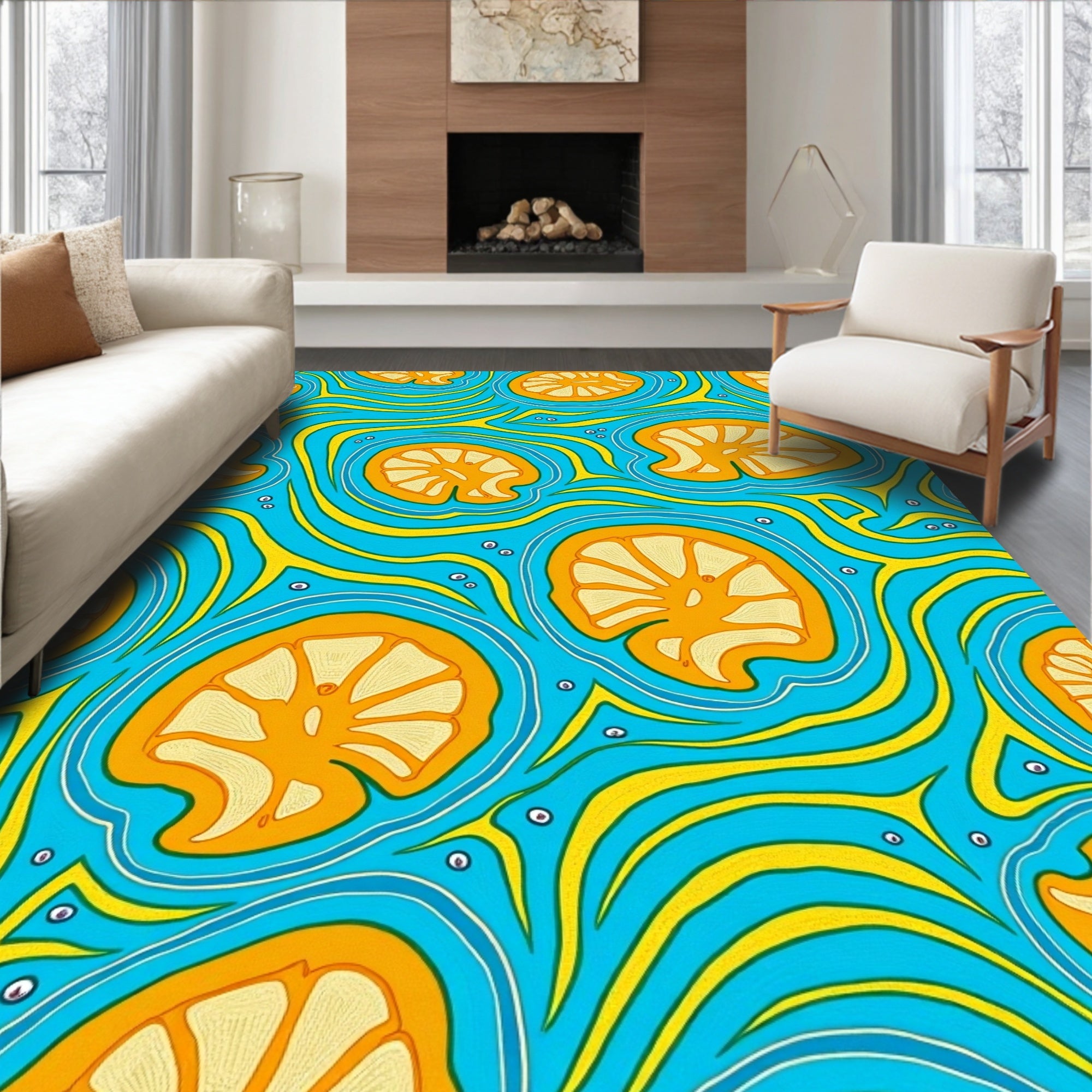 Tropical Citrus Swirl Blue Yellow Rug