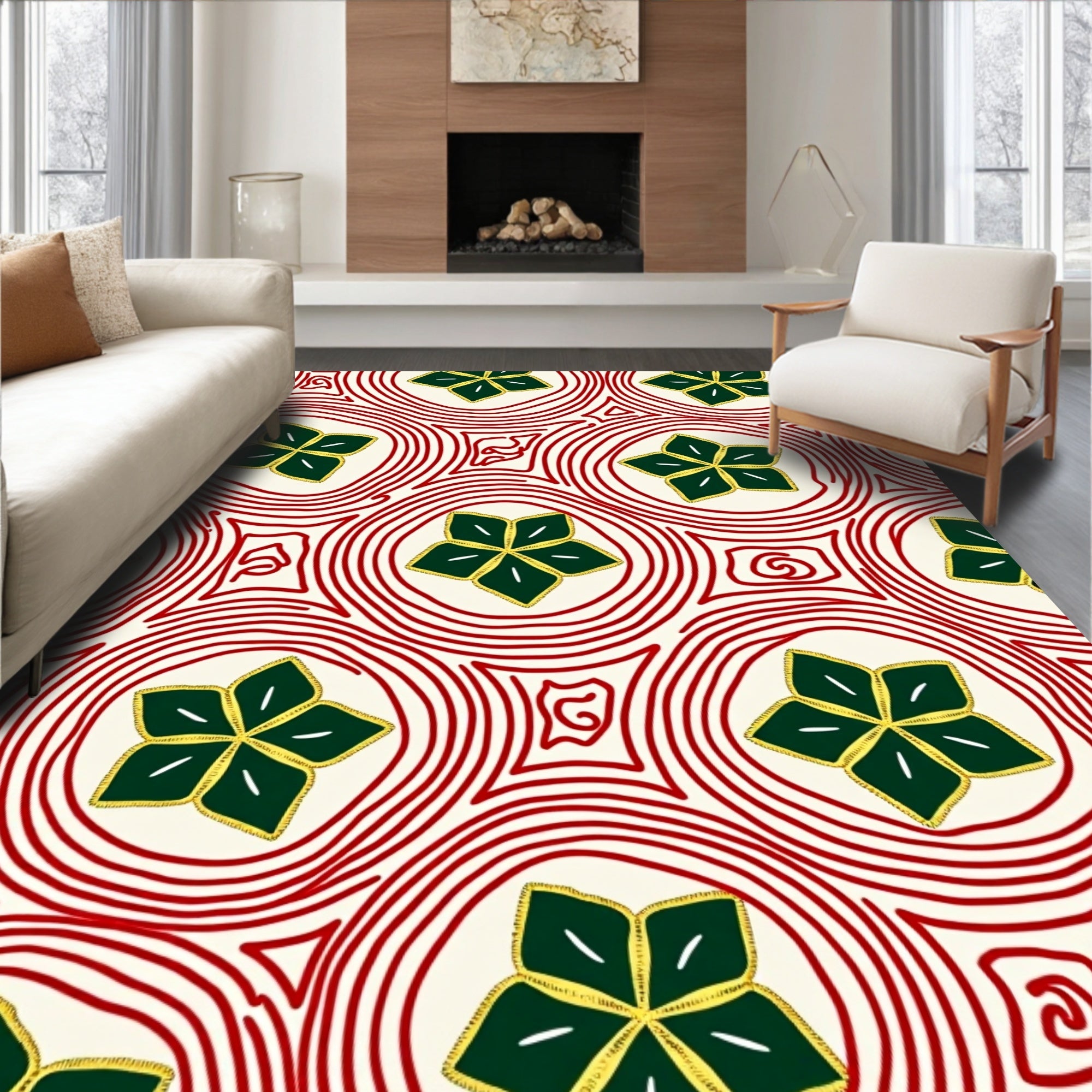 Red Circle Green Starburst Medallion Rug