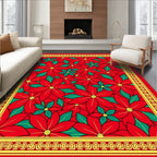 Vibrant Red Poinsettia Floral Border Rug
