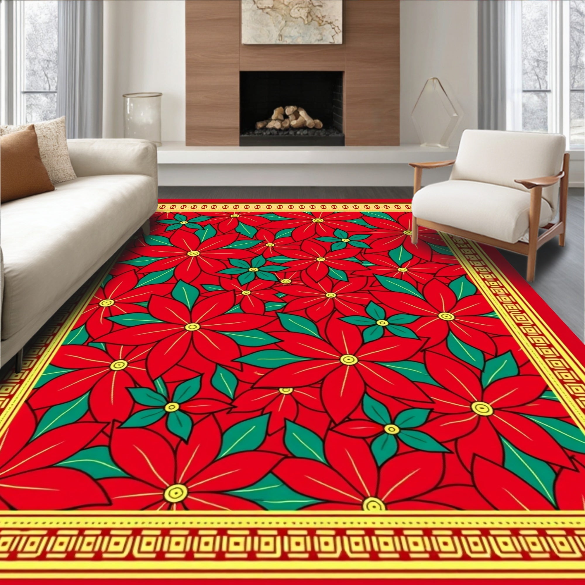 Vibrant Red Poinsettia Floral Border Rug