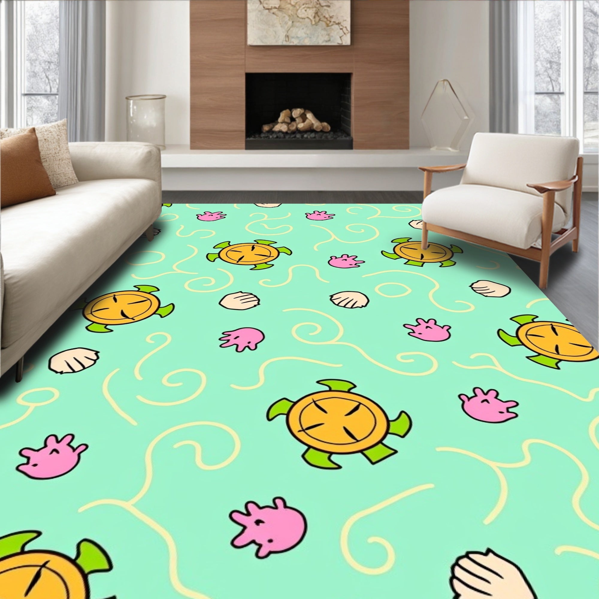 Aqua Sea Turtle Jellyfish Shell Swirls Rug