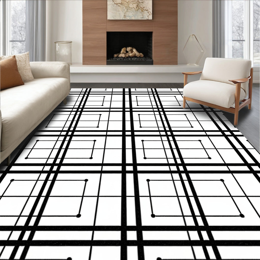 Bold Black White Grid Squares Rug