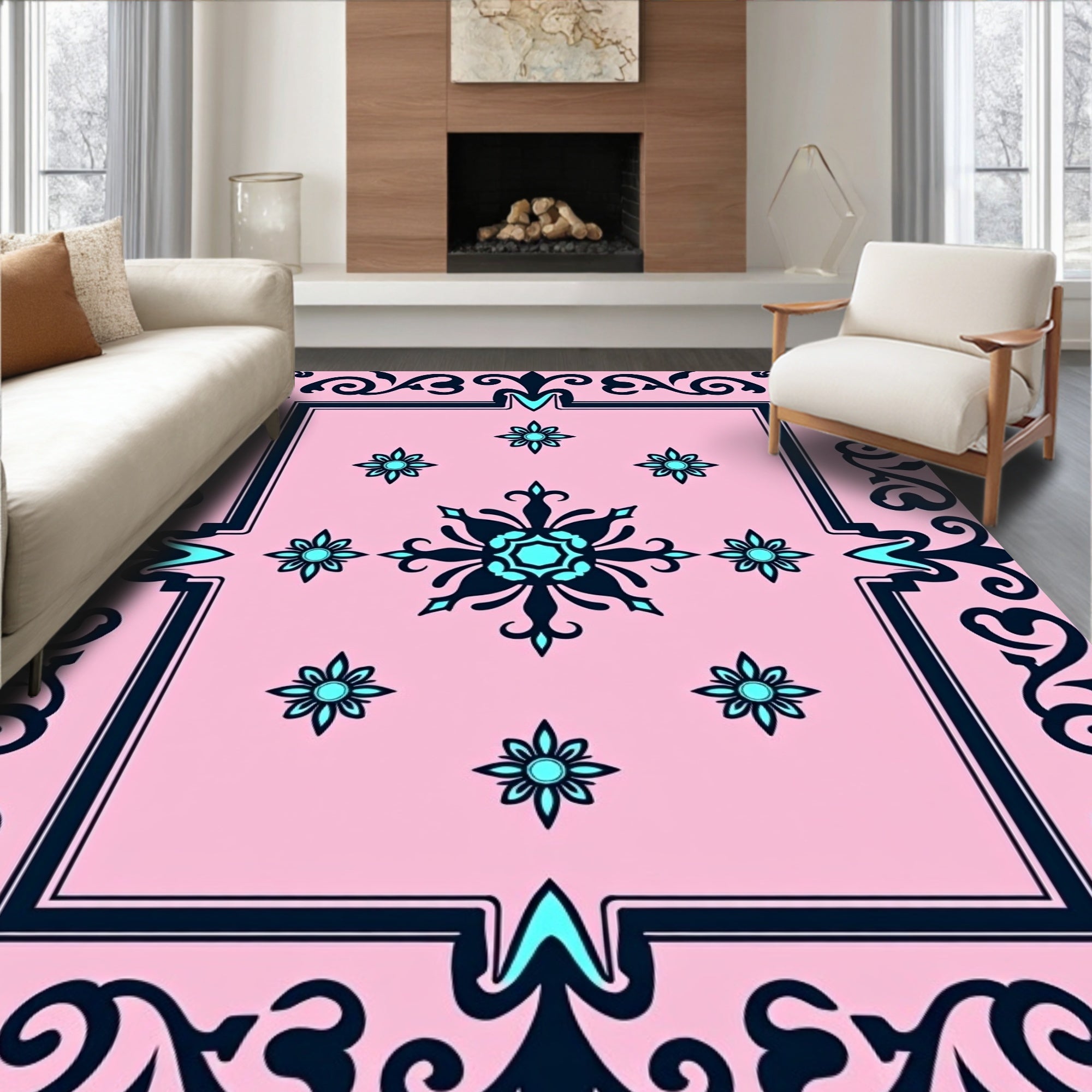 Pink Floral Medallion Arch Scroll Rug