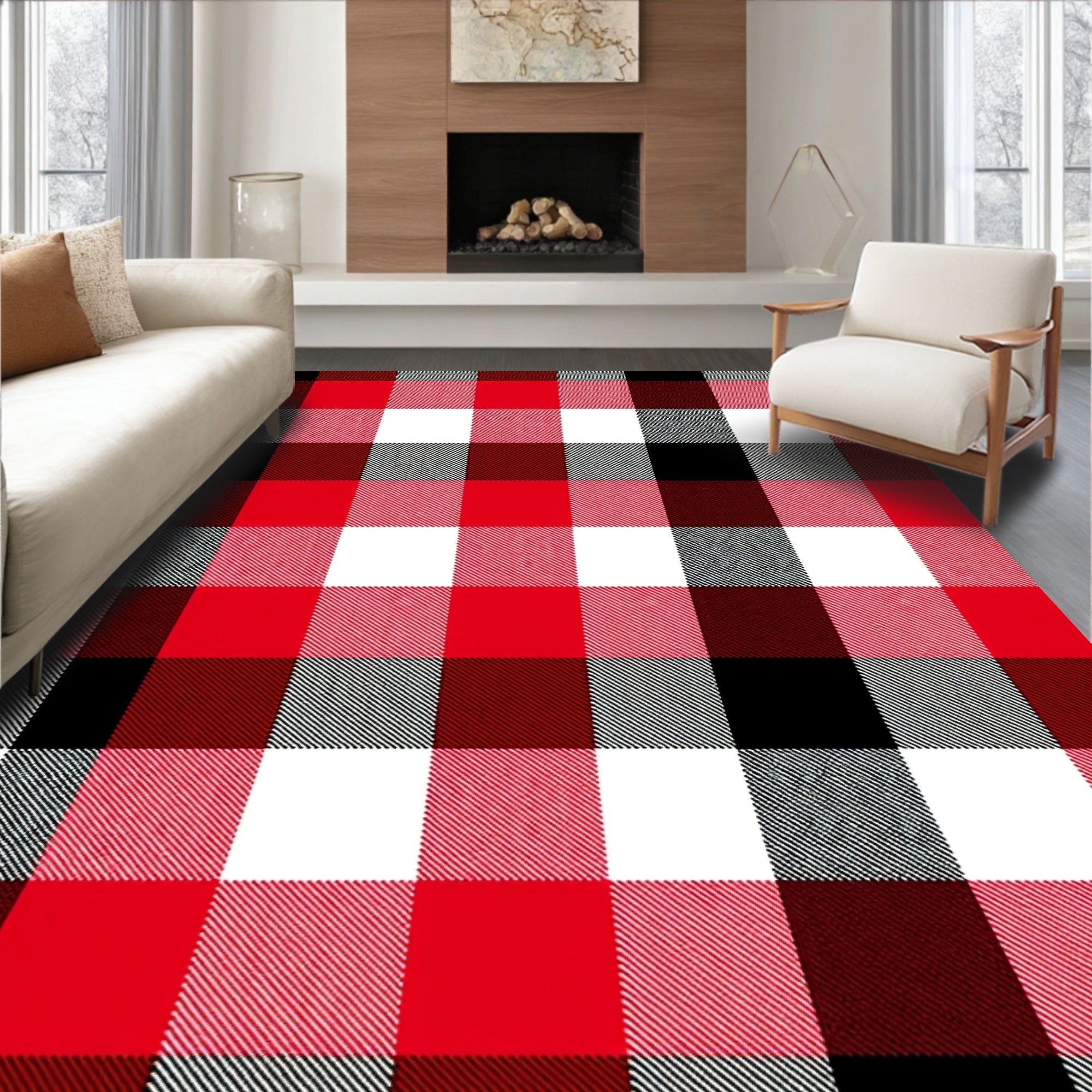 Rustic Red Black Buffalo Check Squares Rug