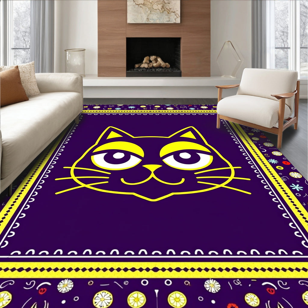 Bold Yellow Cat Purple Floral Rug