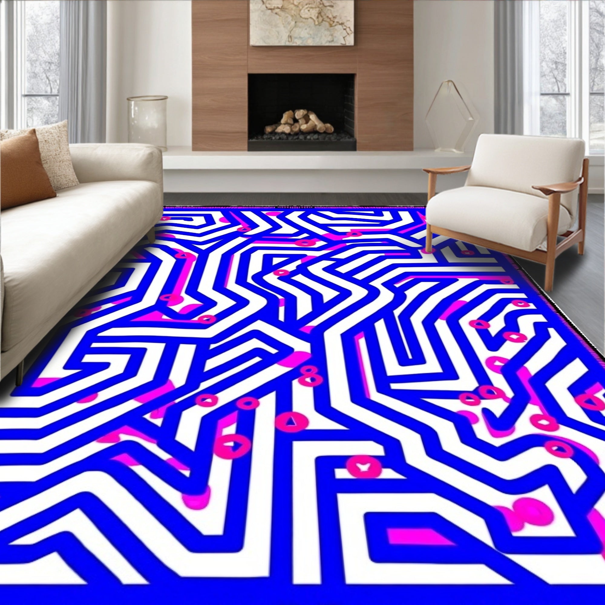 Abstract Blue White Geometric Maze Rug