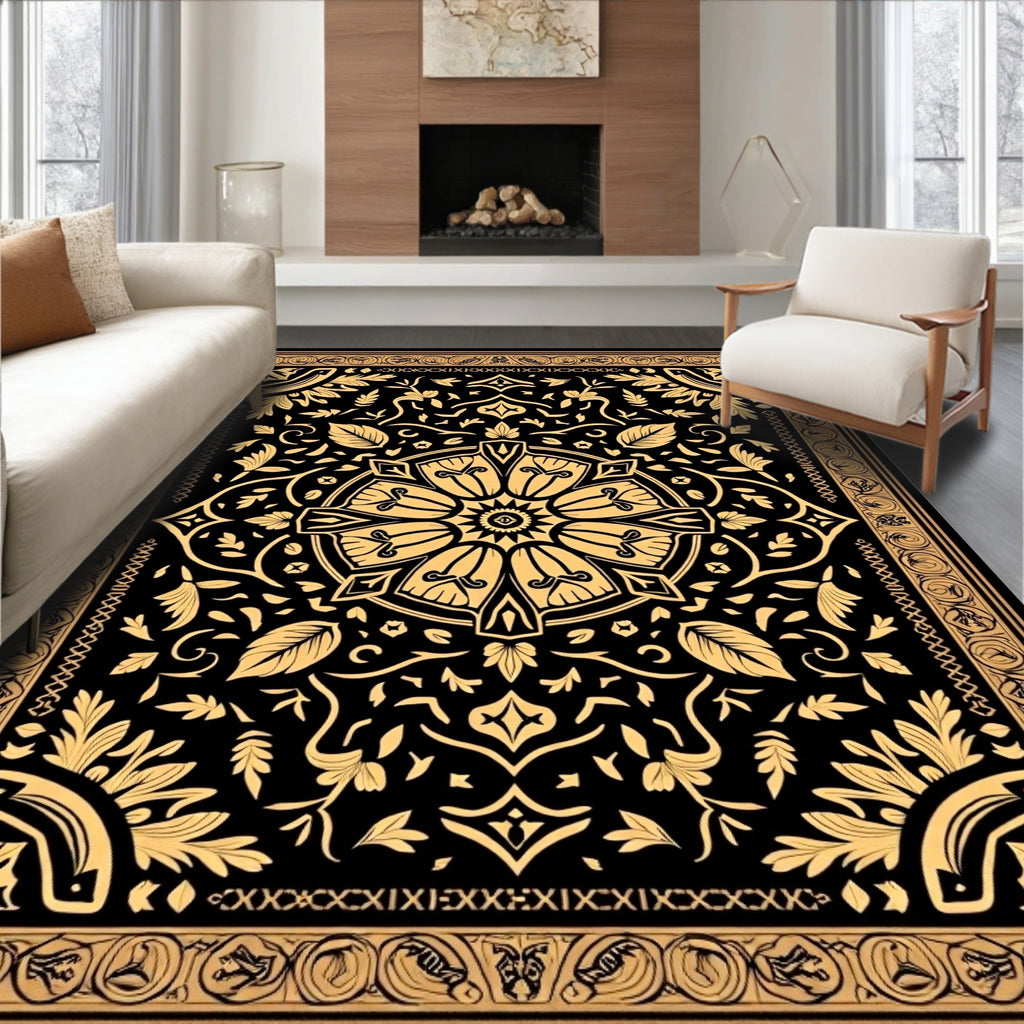 Ornate Black and Gold Floral Medallion Rug
