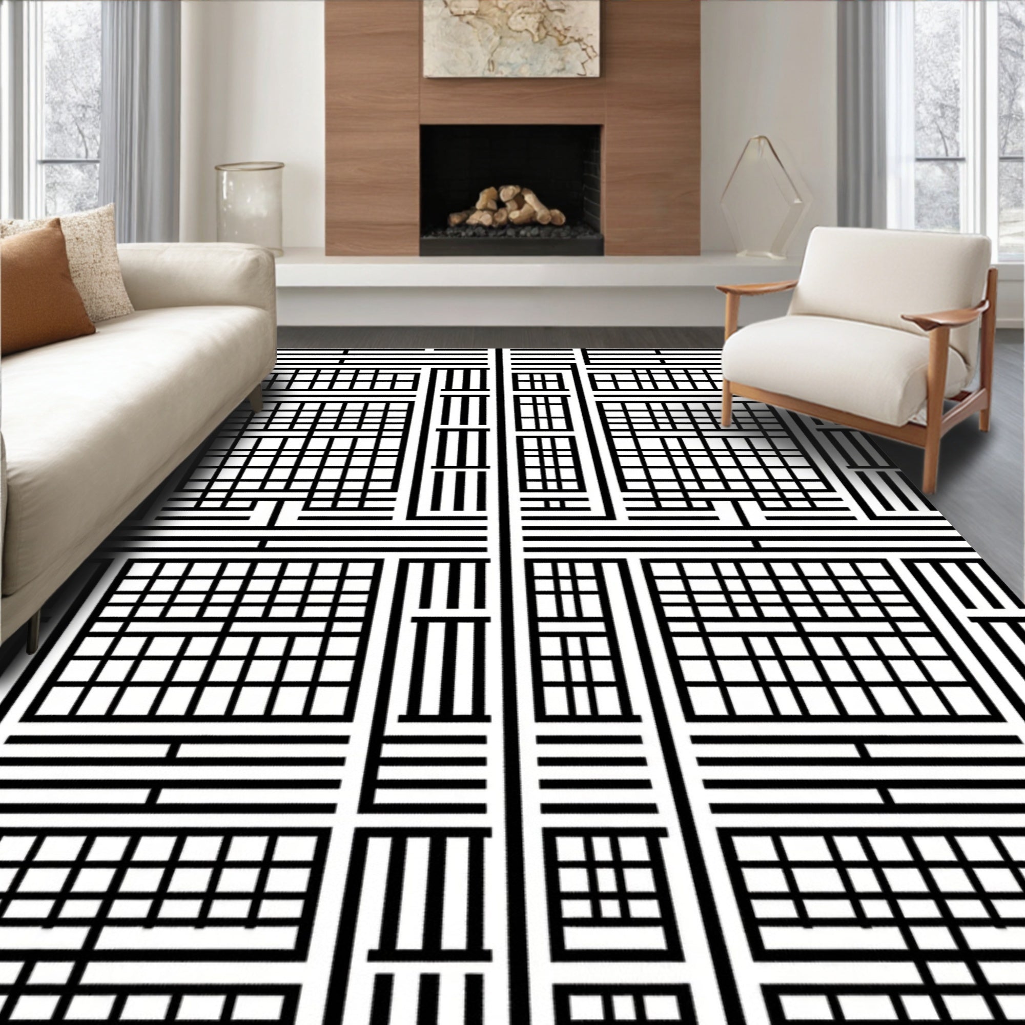 Black and White Geometric Lattice Rug