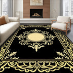 Ornate Gold Geometric Centerpiece Black Rug