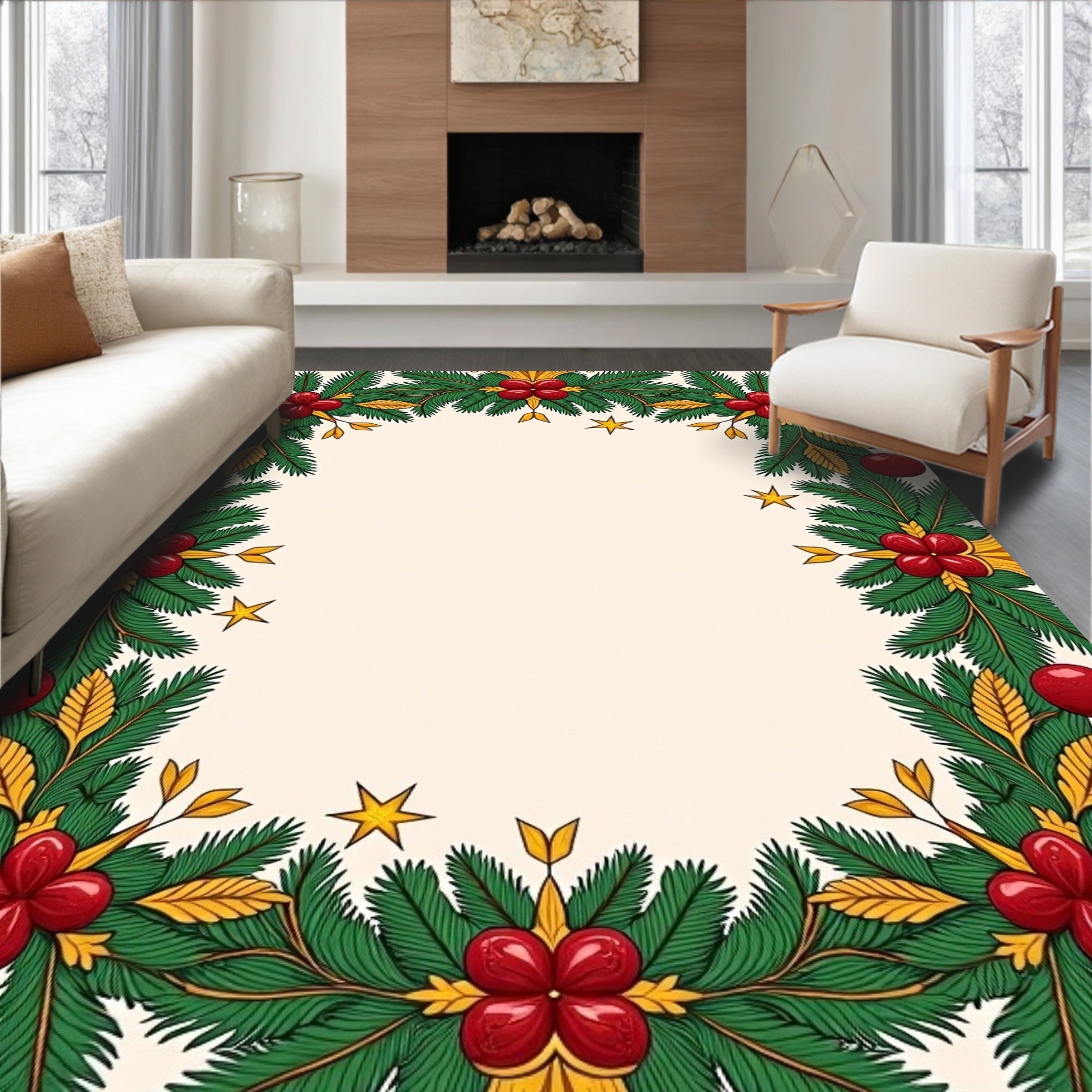 Festive Greenery Red Berry Star Rug