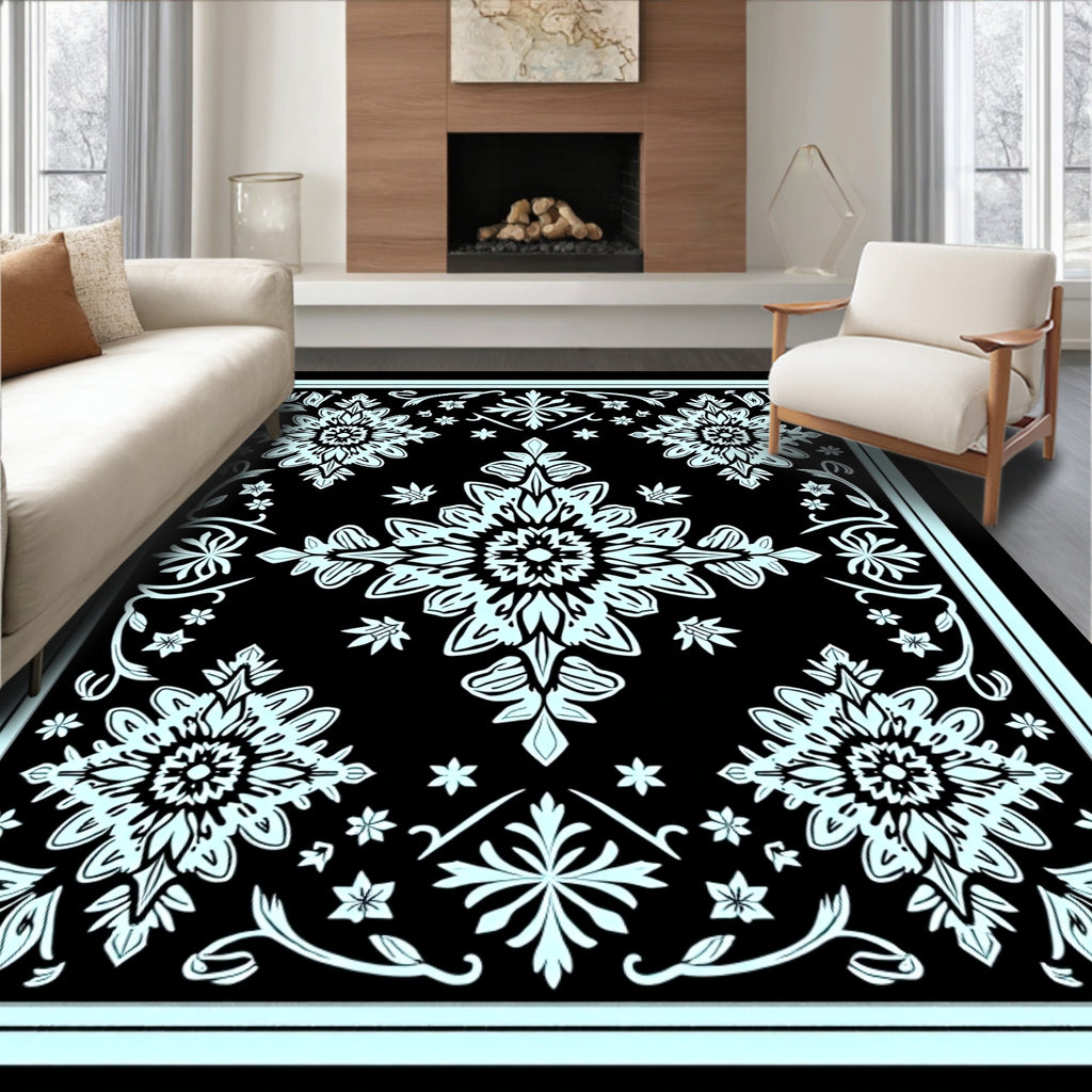 Black Aqua Floral Medallion Garden Rug