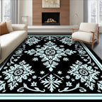 Black Aqua Floral Medallion Garden Rug