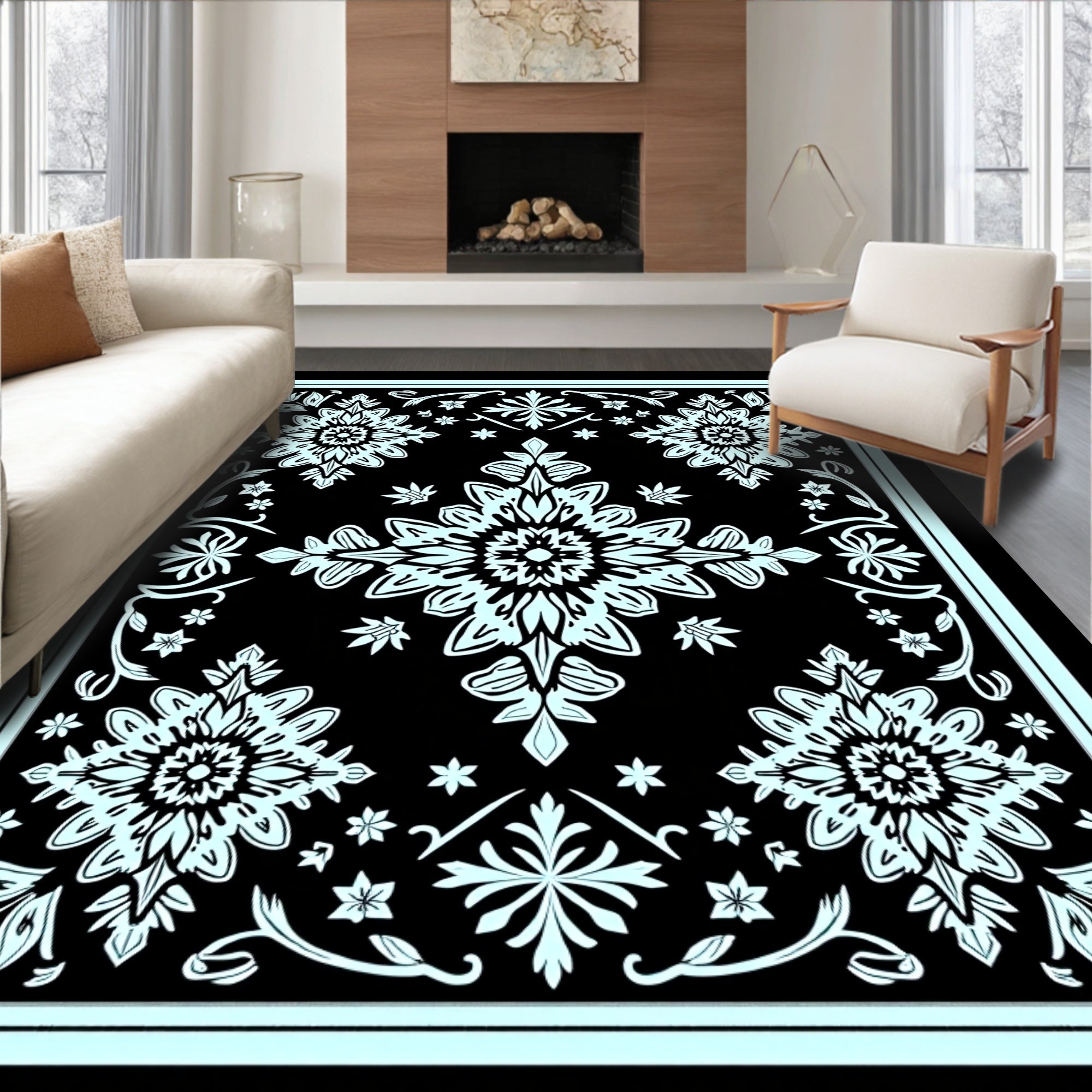 Black Aqua Floral Medallion Garden Rug