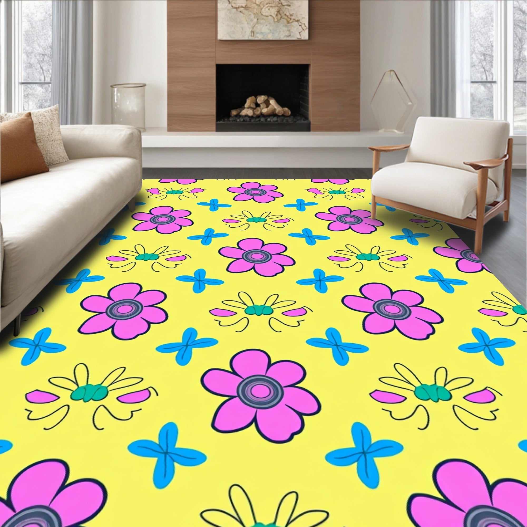 Bright Yellow Pink Blue Floral Scatter Rug
