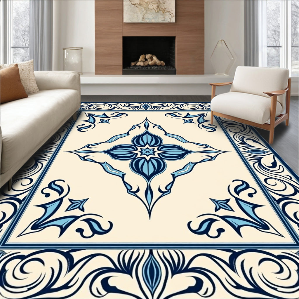 Navy Blue Antique Floral Medallion Tile Rug