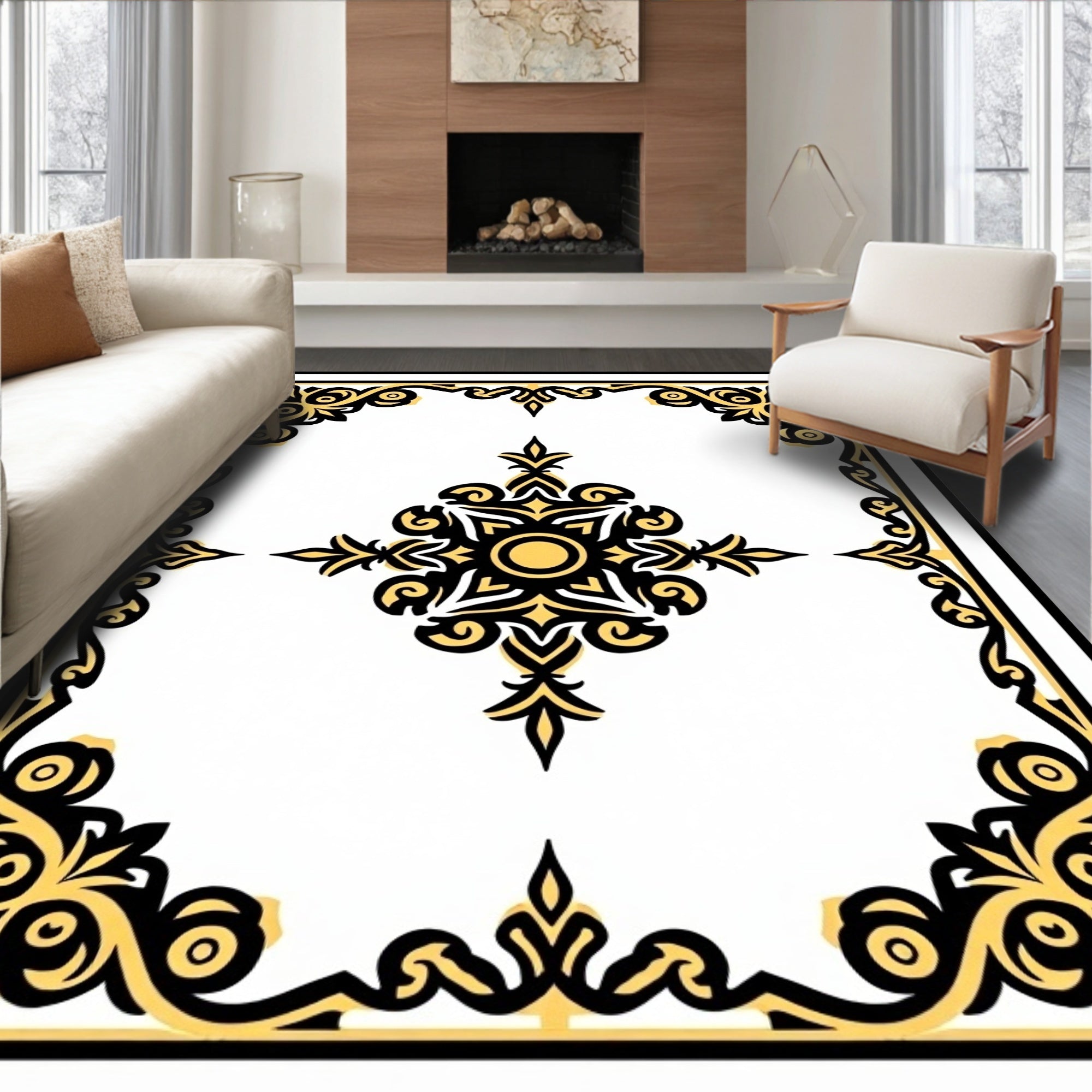 Black Gold Filigree Corner Scroll Rug