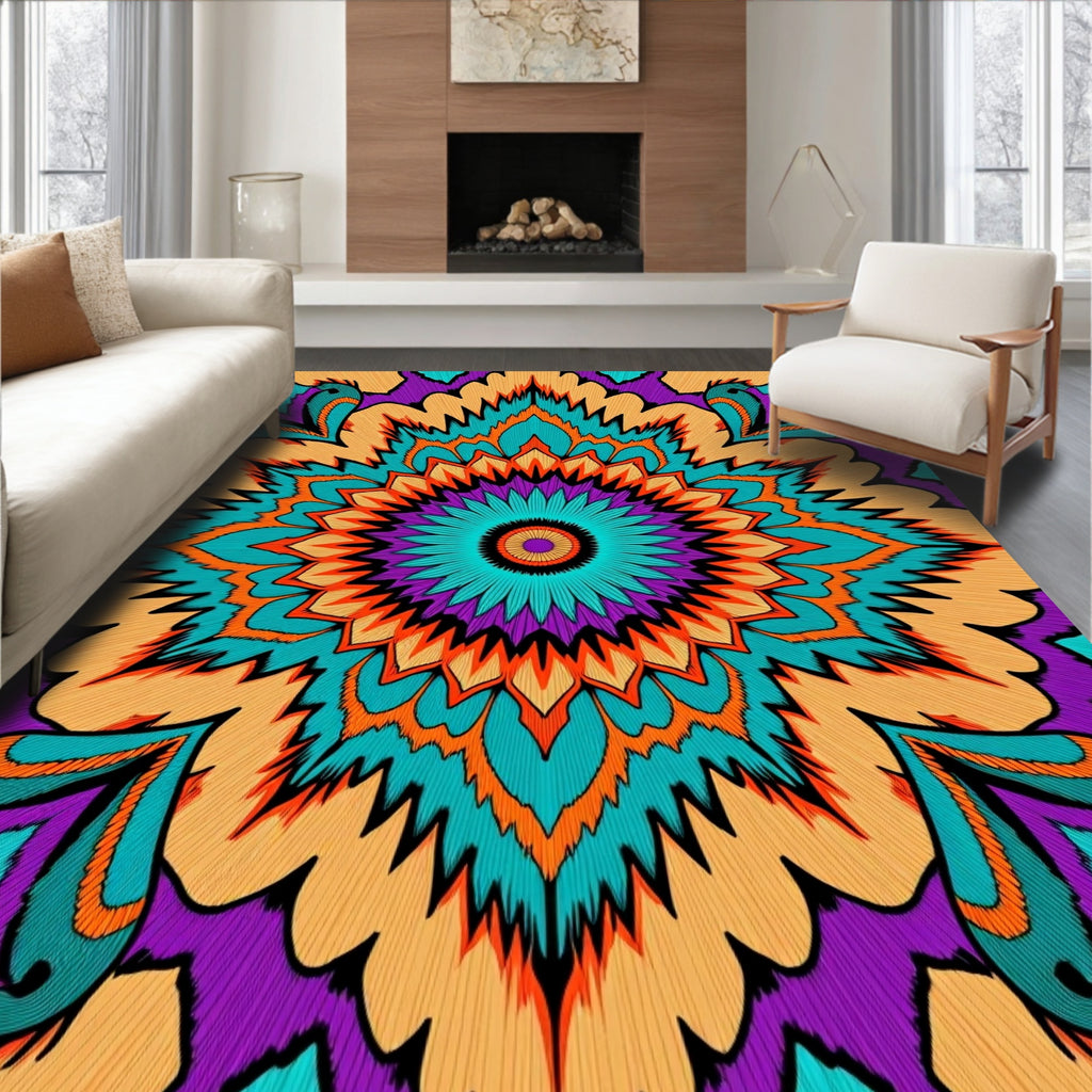 Vibrant Orange Teal Purple Mandala Rug