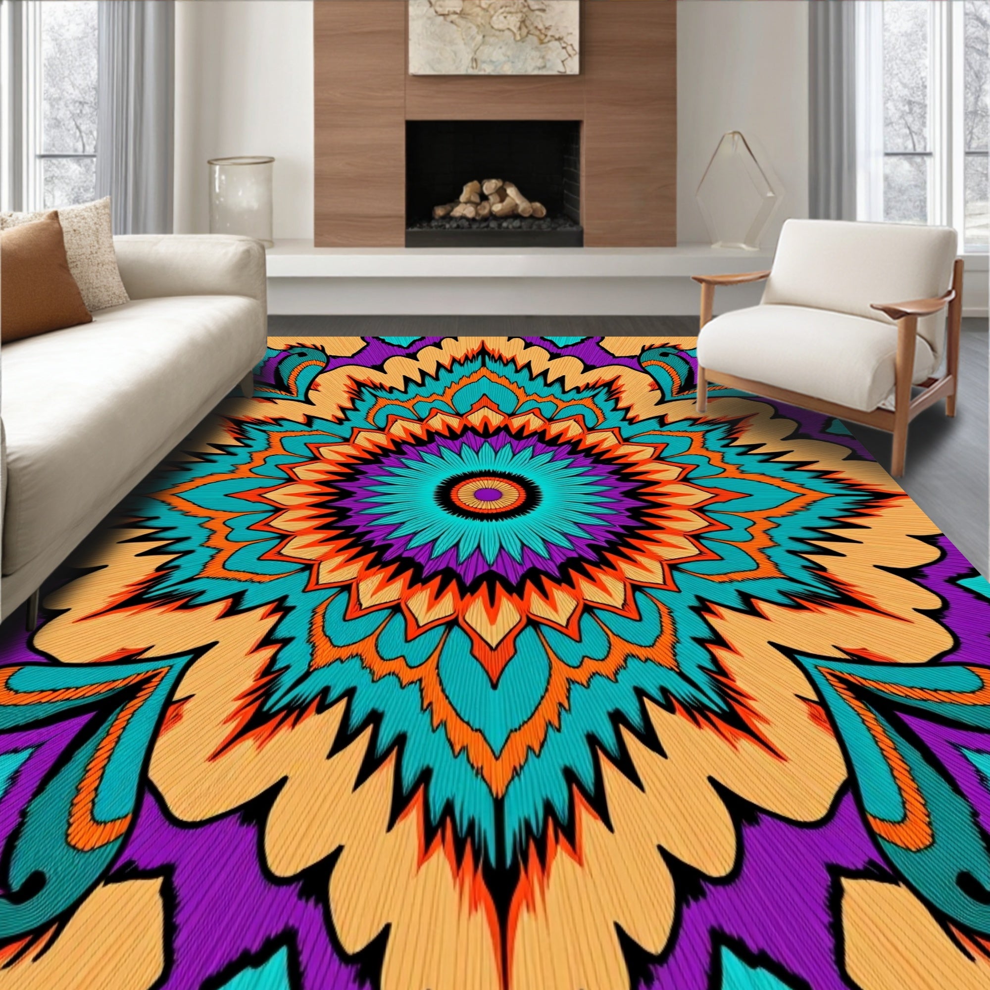 Vibrant Orange Teal Purple Mandala Rug