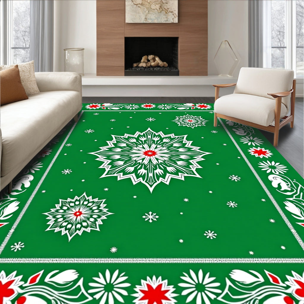 Green White Red Festive Snowflake Medallion Rug