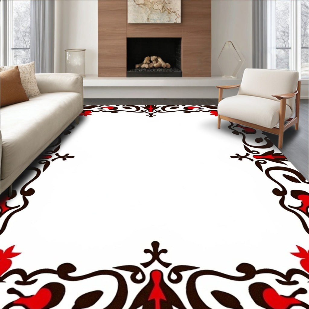 Ornate Red Floral Scroll Border Rug