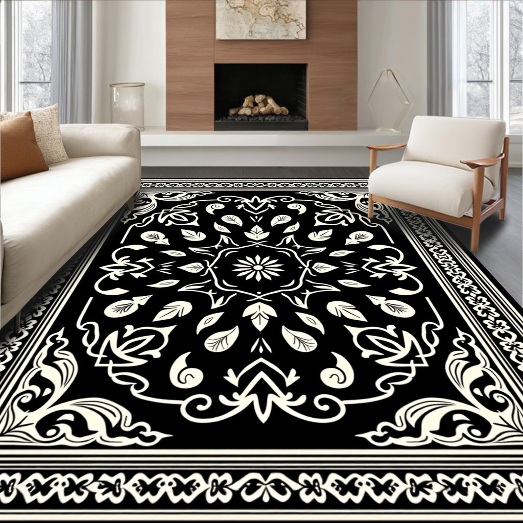 Cream and Black Floral Medallion Border Rug