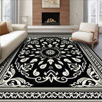 Cream and Black Floral Medallion Border Rug