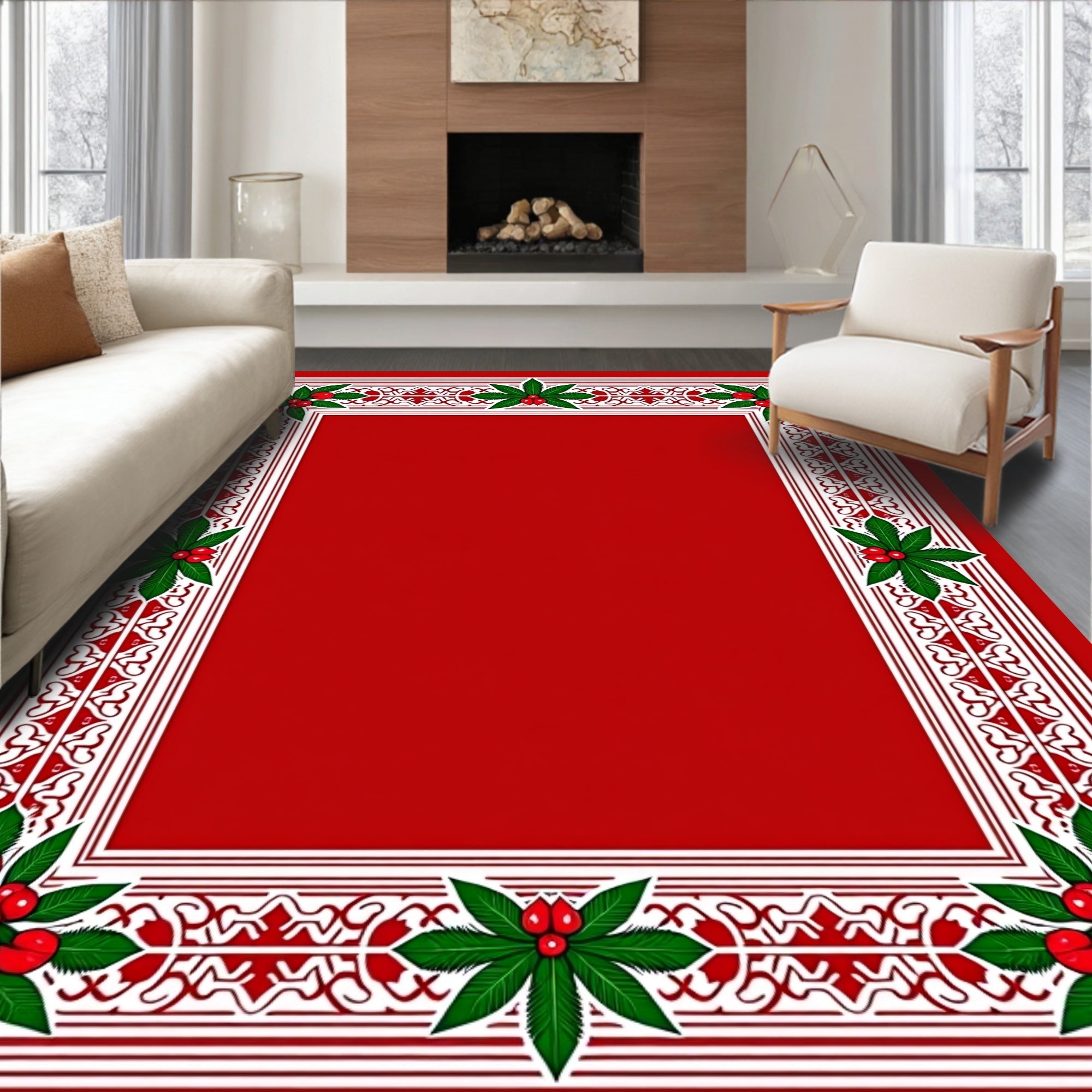 Festive Red Green Holly Border Rug