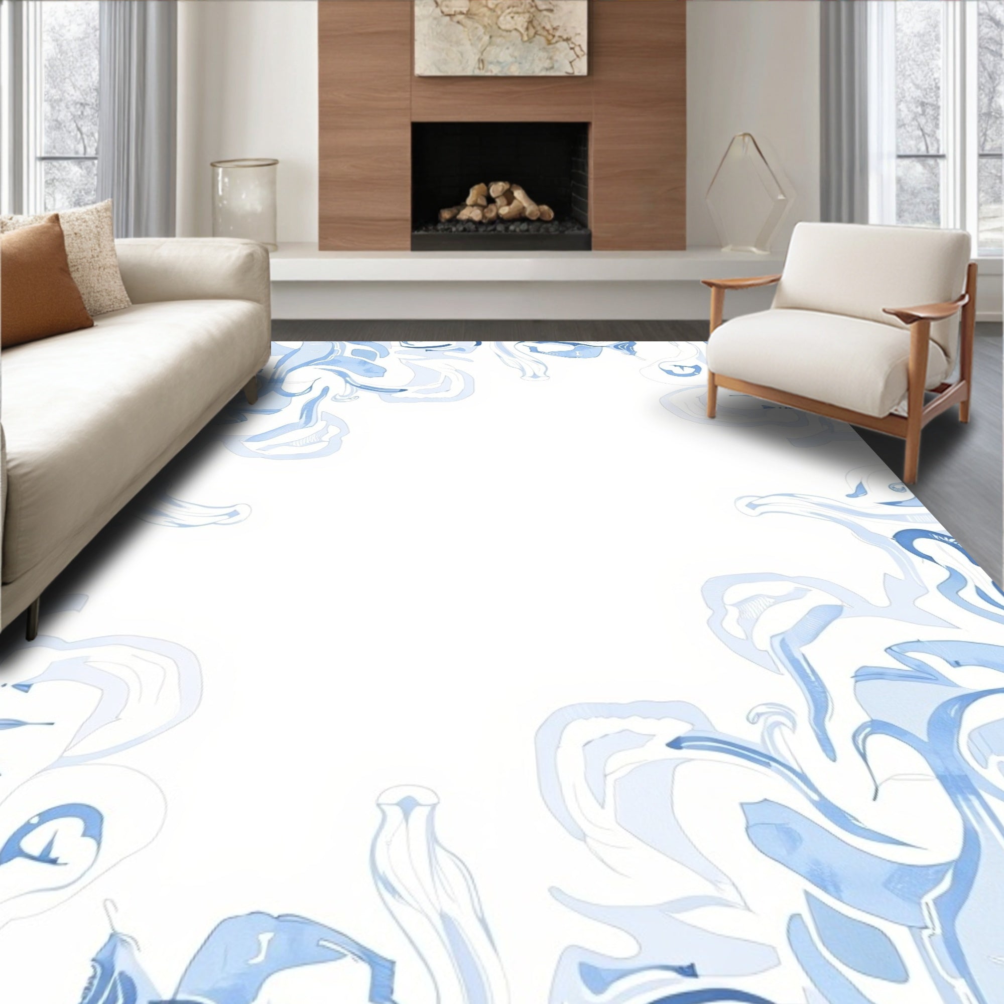 Serene Pale Blue Abstract Swirls Rug