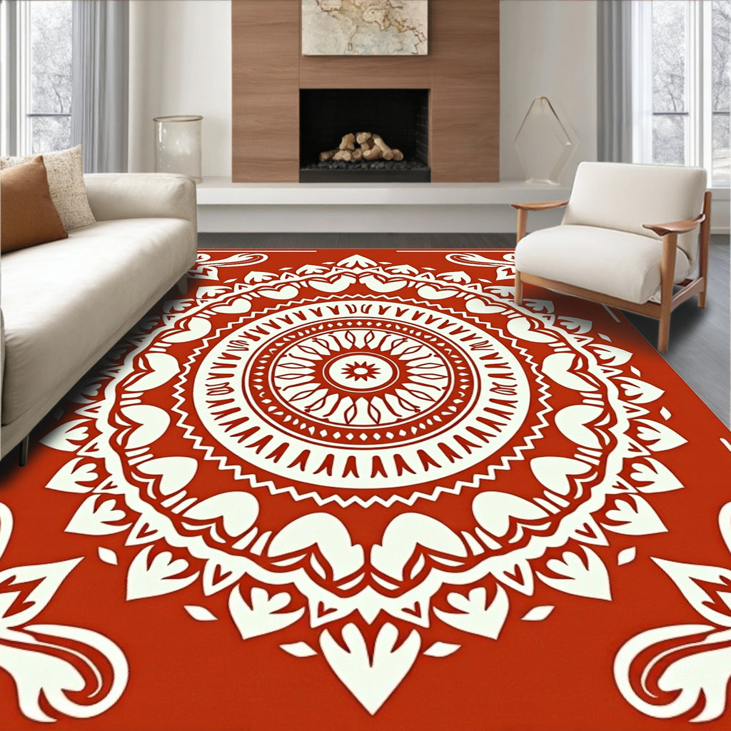 Crimson Radial Mandala Art Rug