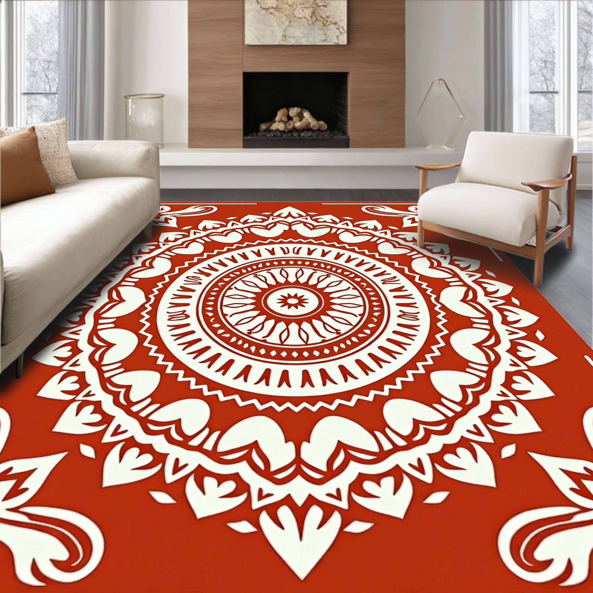 Crimson Radial Mandala Art Rug