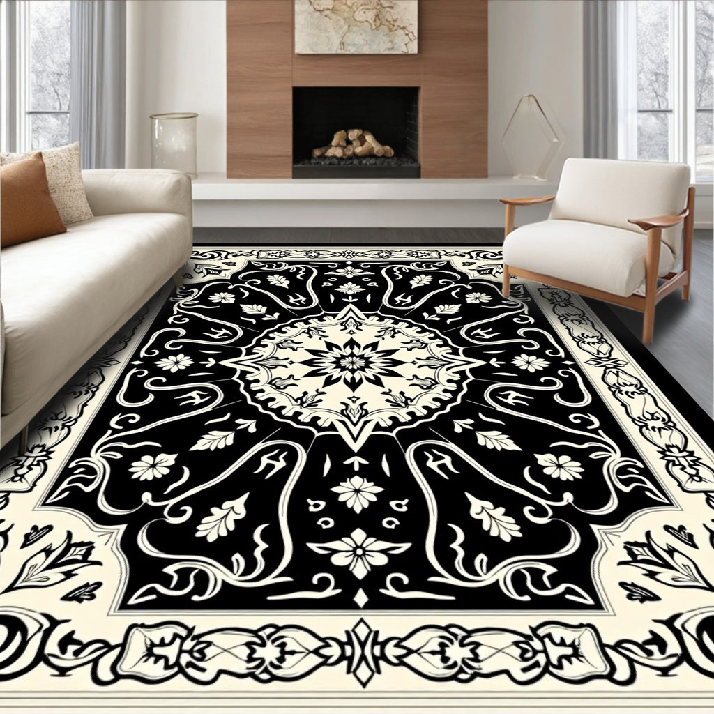 Classic Black Cream Floral Medallion Rug
