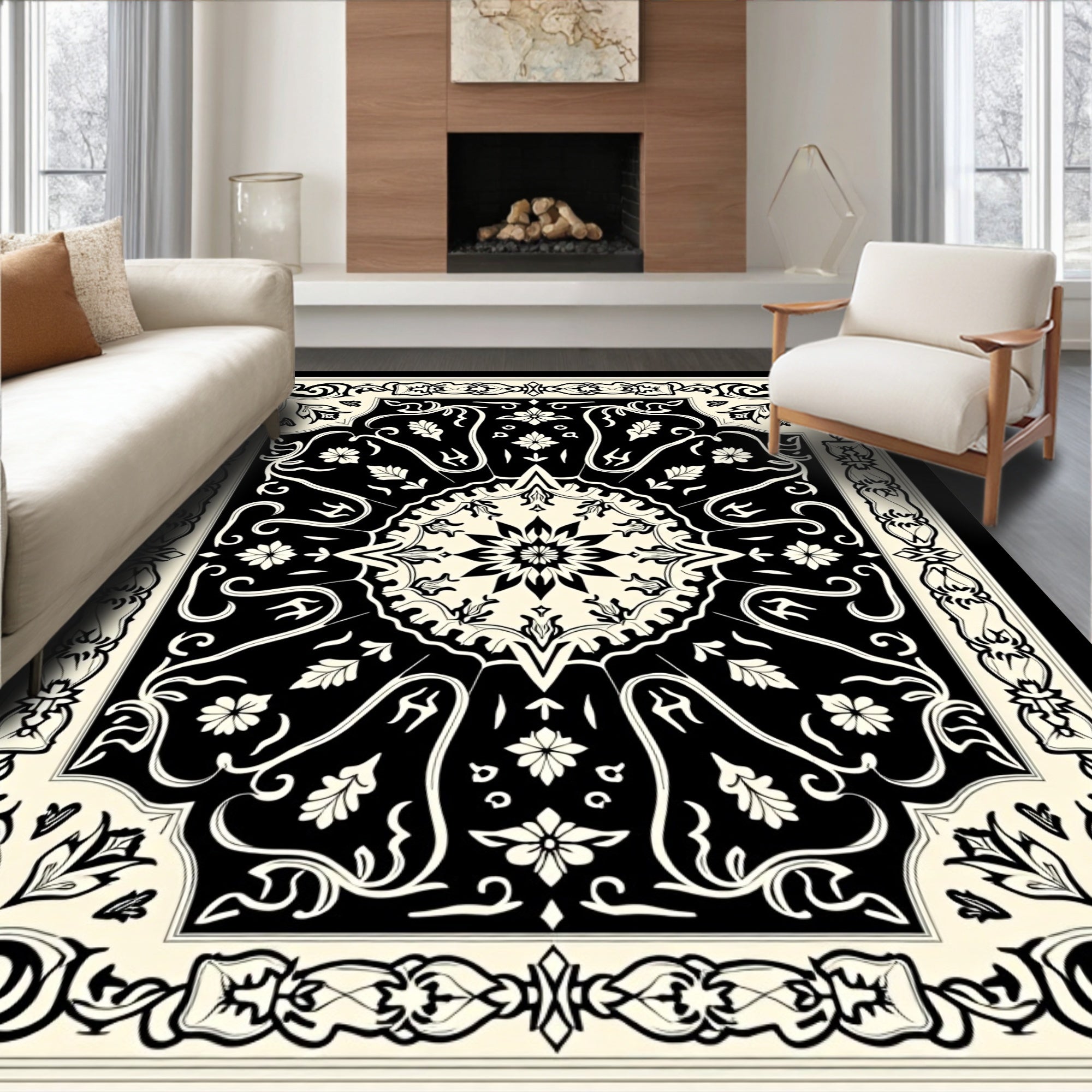 Classic Black Cream Floral Medallion Rug