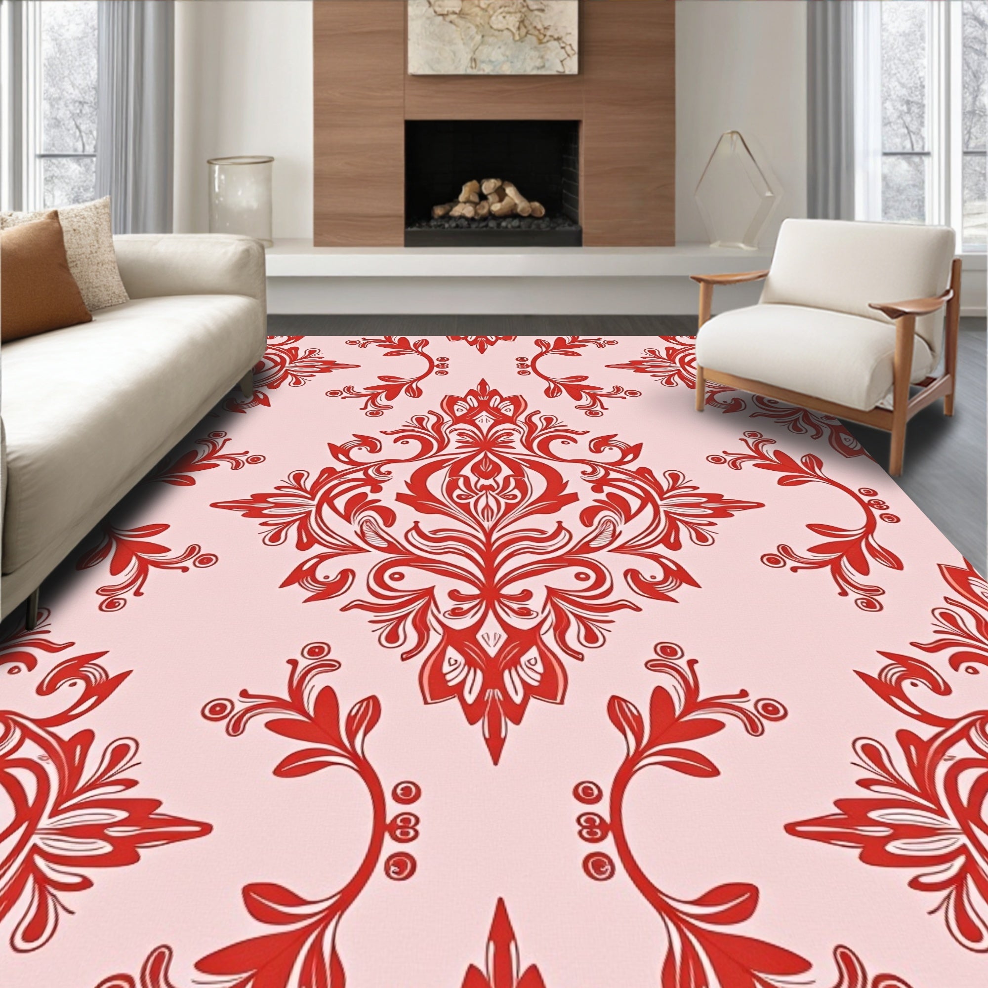 Crimson Floral Damask Scroll Rug
