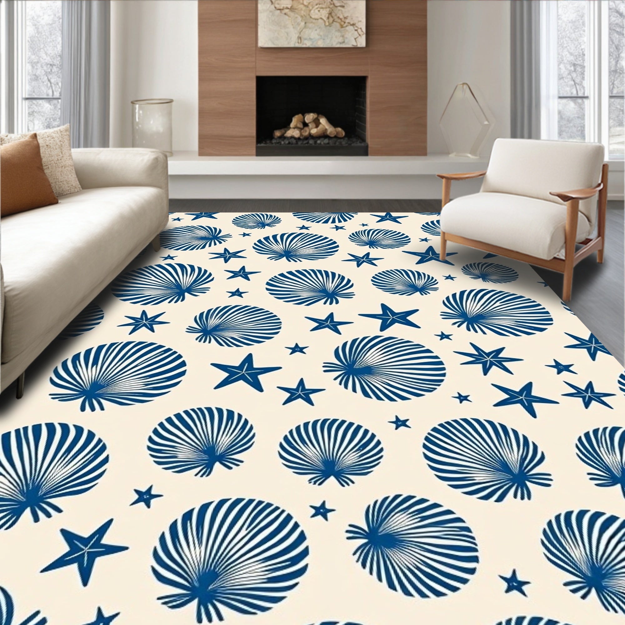 Navy Blue Seashell Starfish Beach Rug