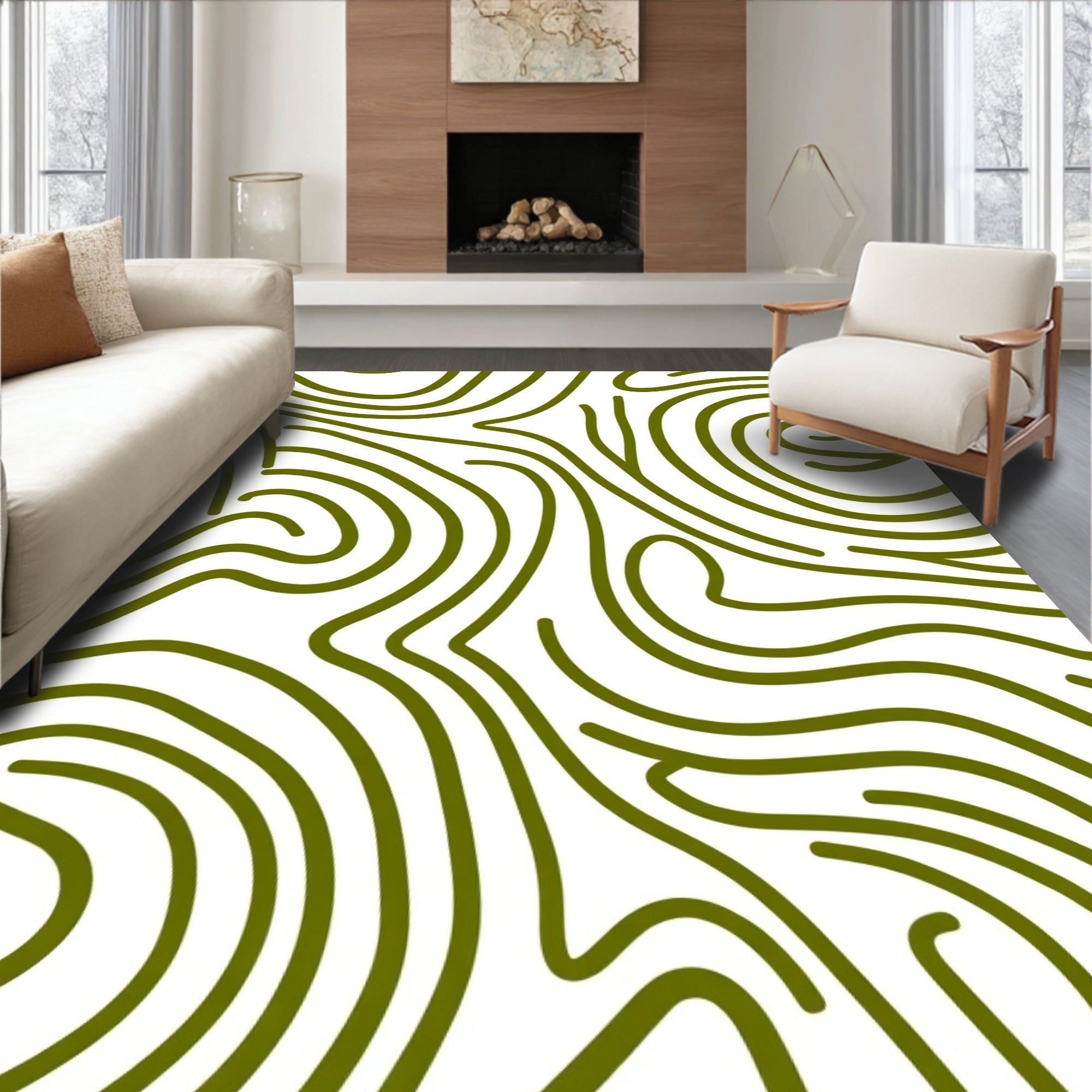 Olive Green Abstract Contour Lines Rug