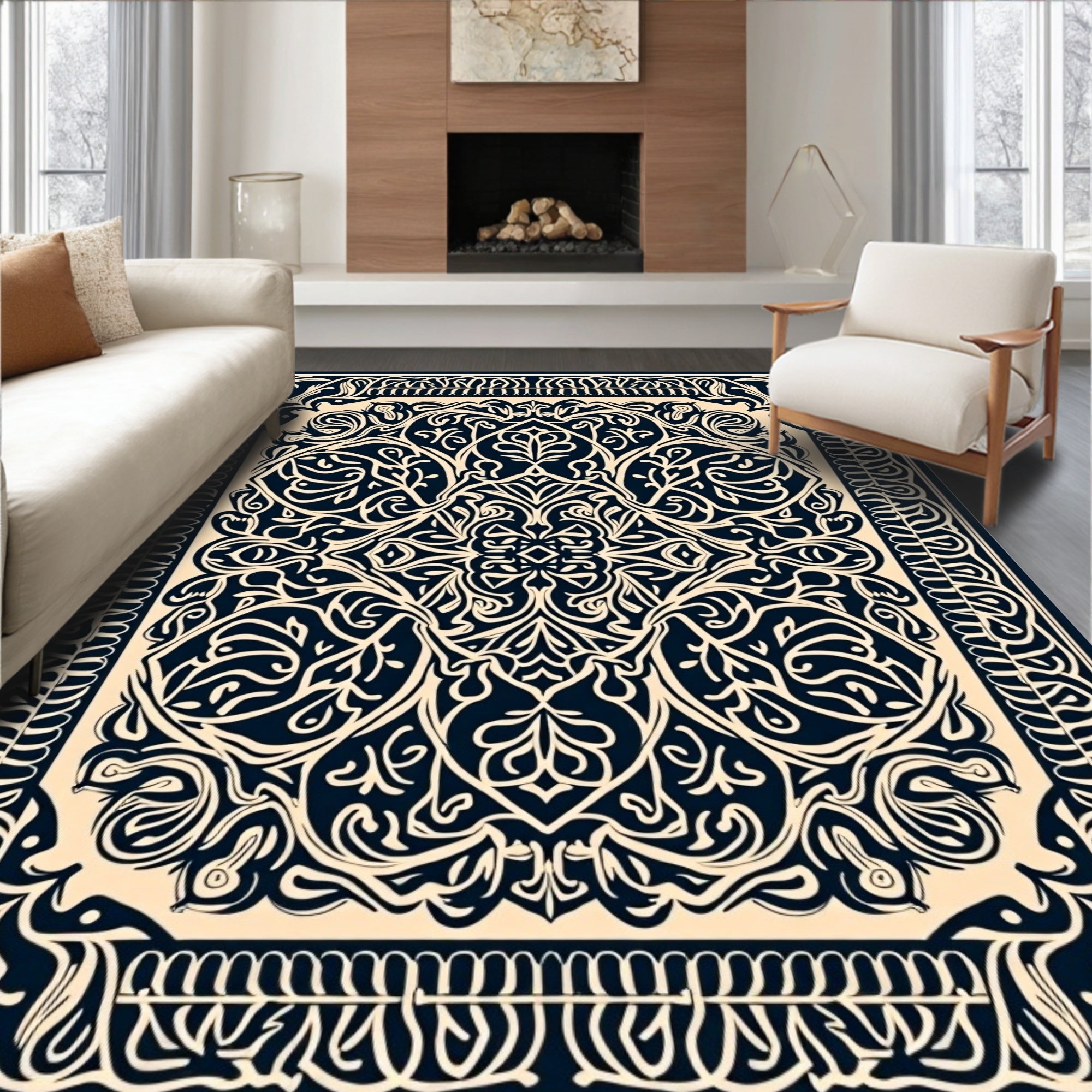 Ivory Navy Traditional Flourish Rug