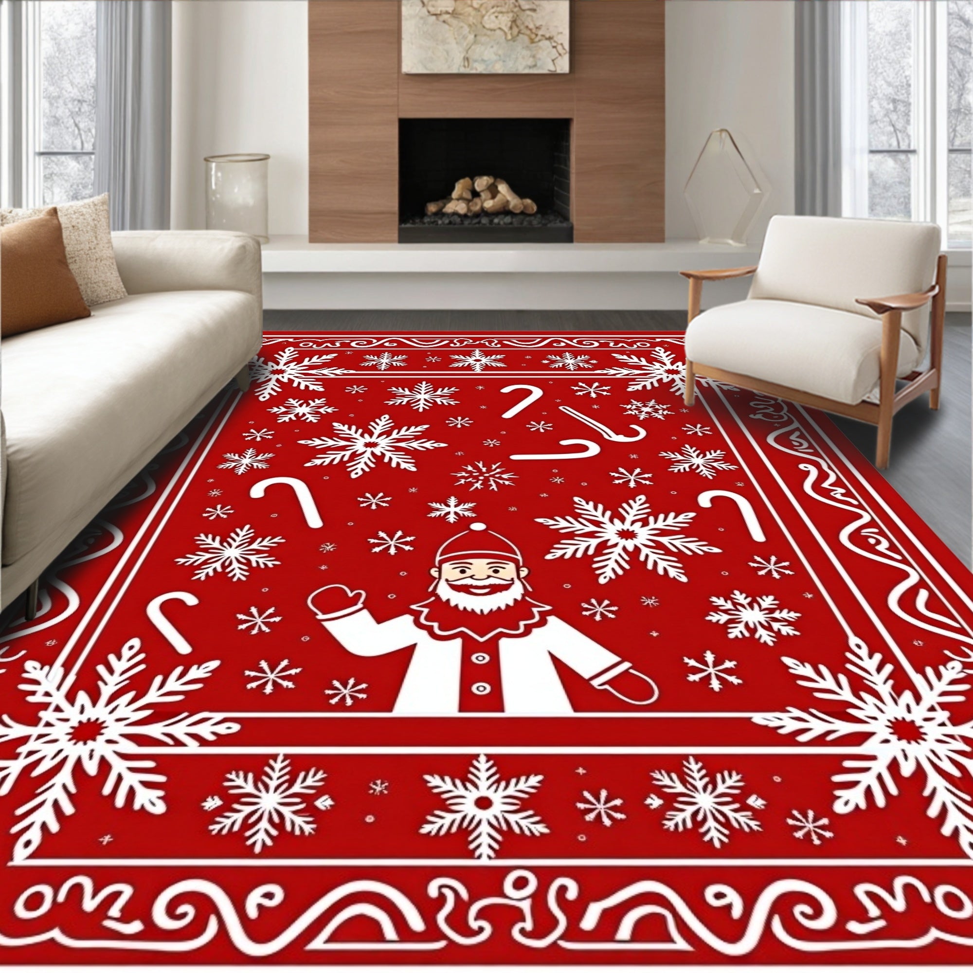 Festive Red Snowflakes Santa Candy Canes Rug