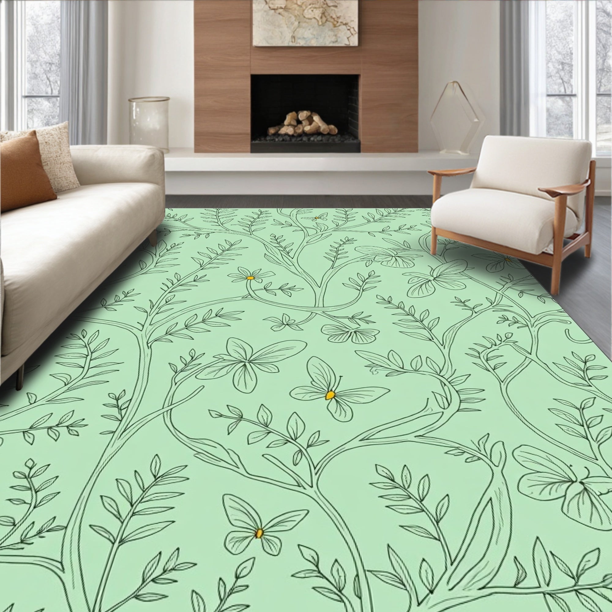 Mint Green Delicate Butterfly Foliage Rug