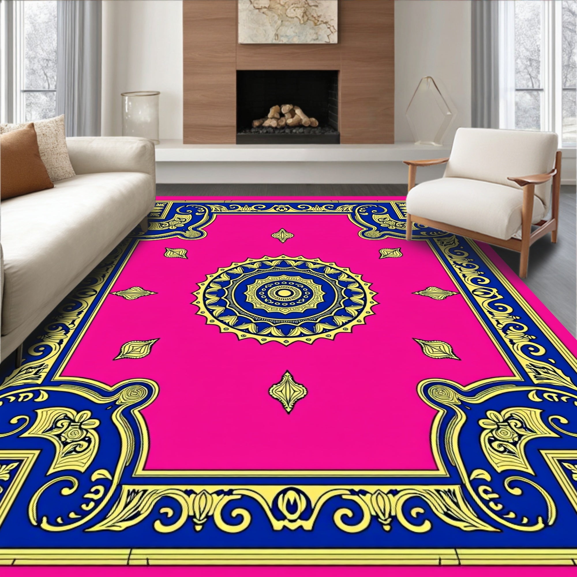 Bold Blue Floral Medallion Fuchsia Rug