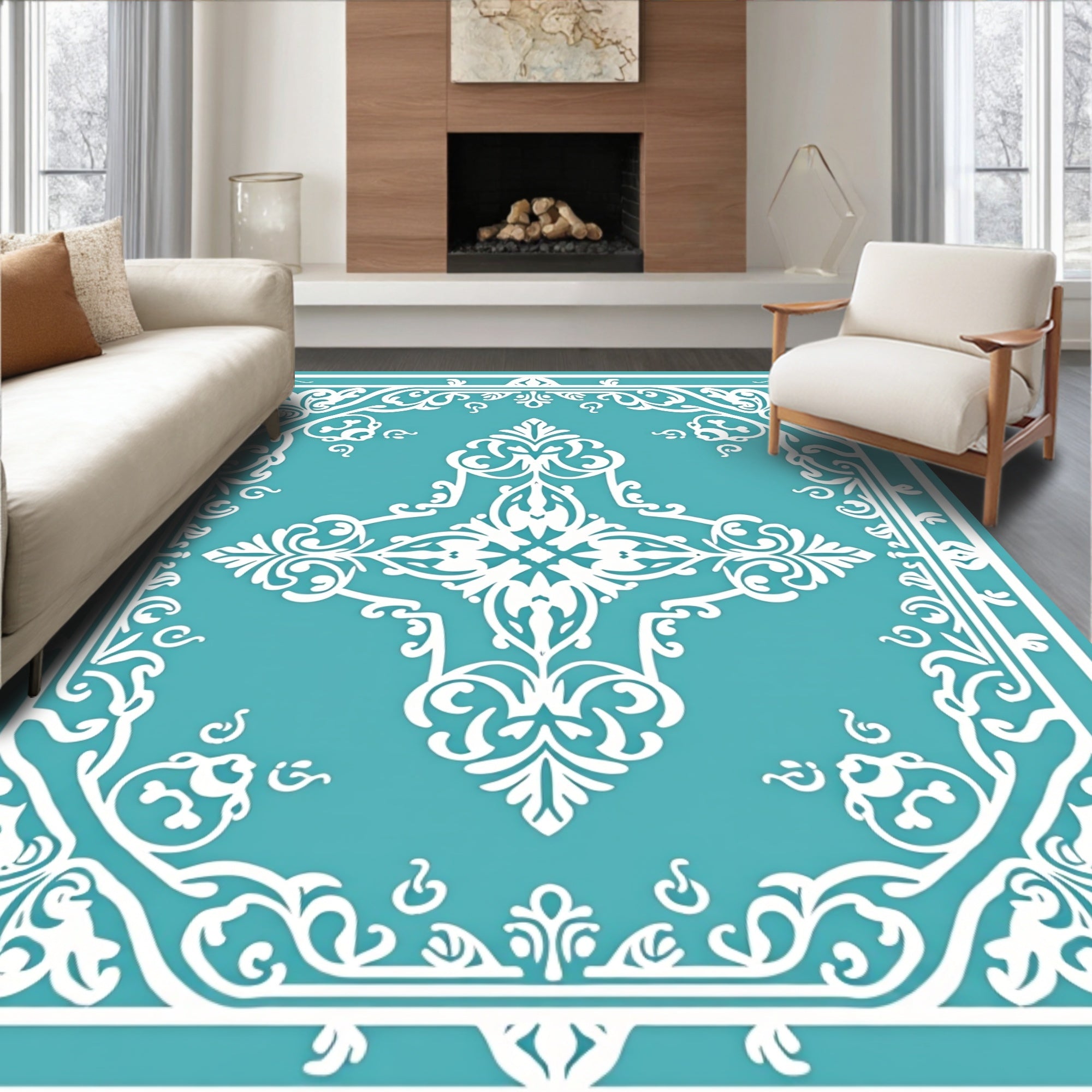 Elegant White Teal Medallion Scroll Rug