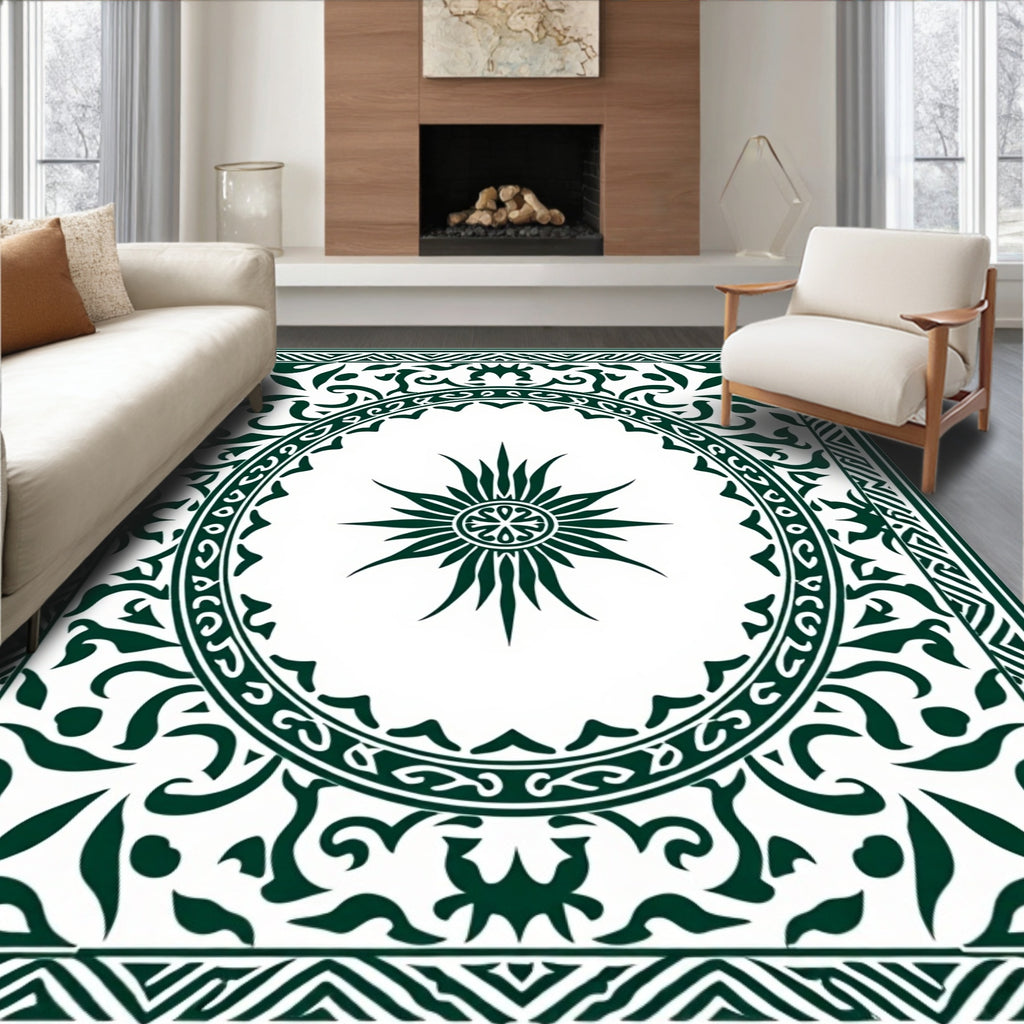 Dark Green Sunburst Medallion Border Rug