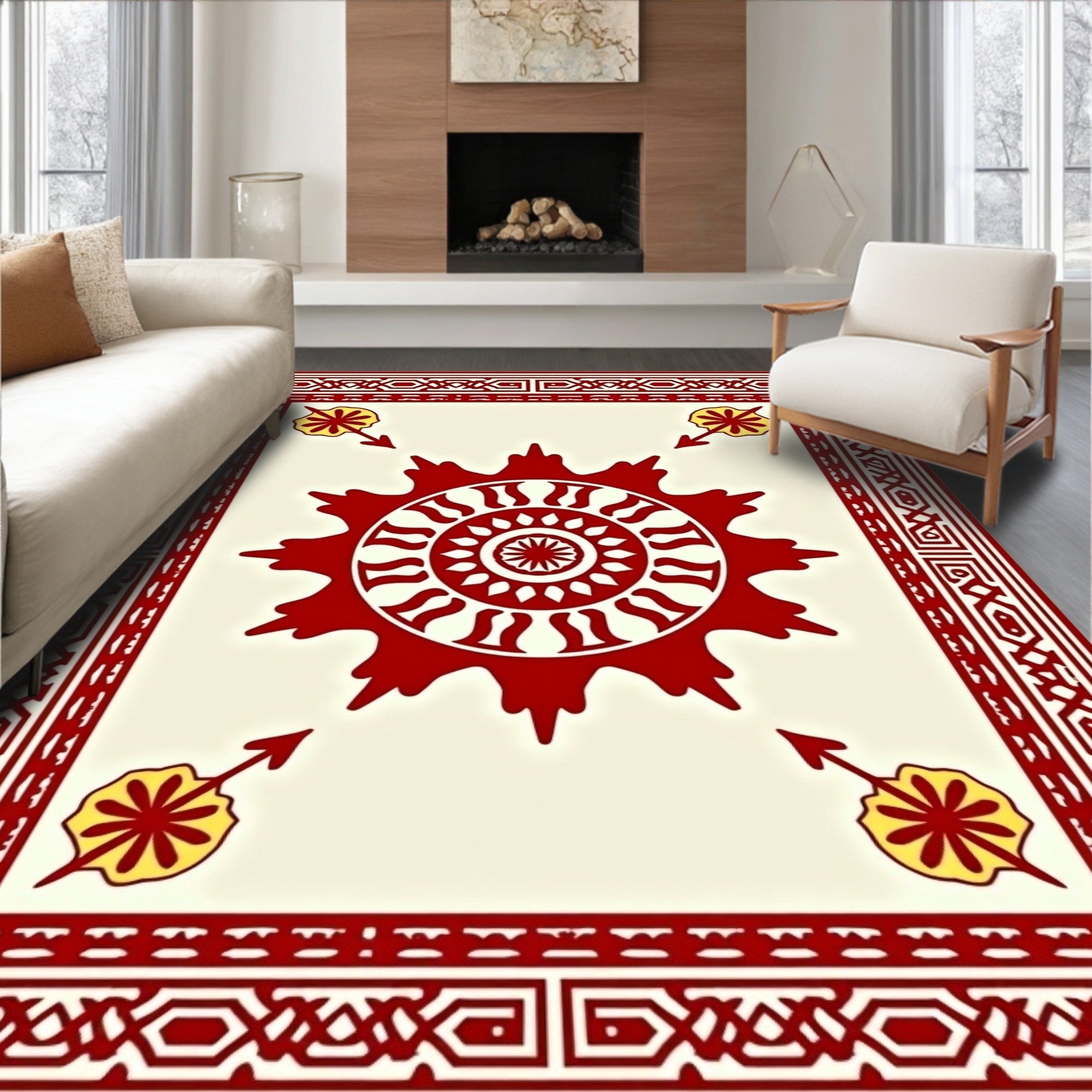 Crimson Sun Yellow Arrow Border Rug