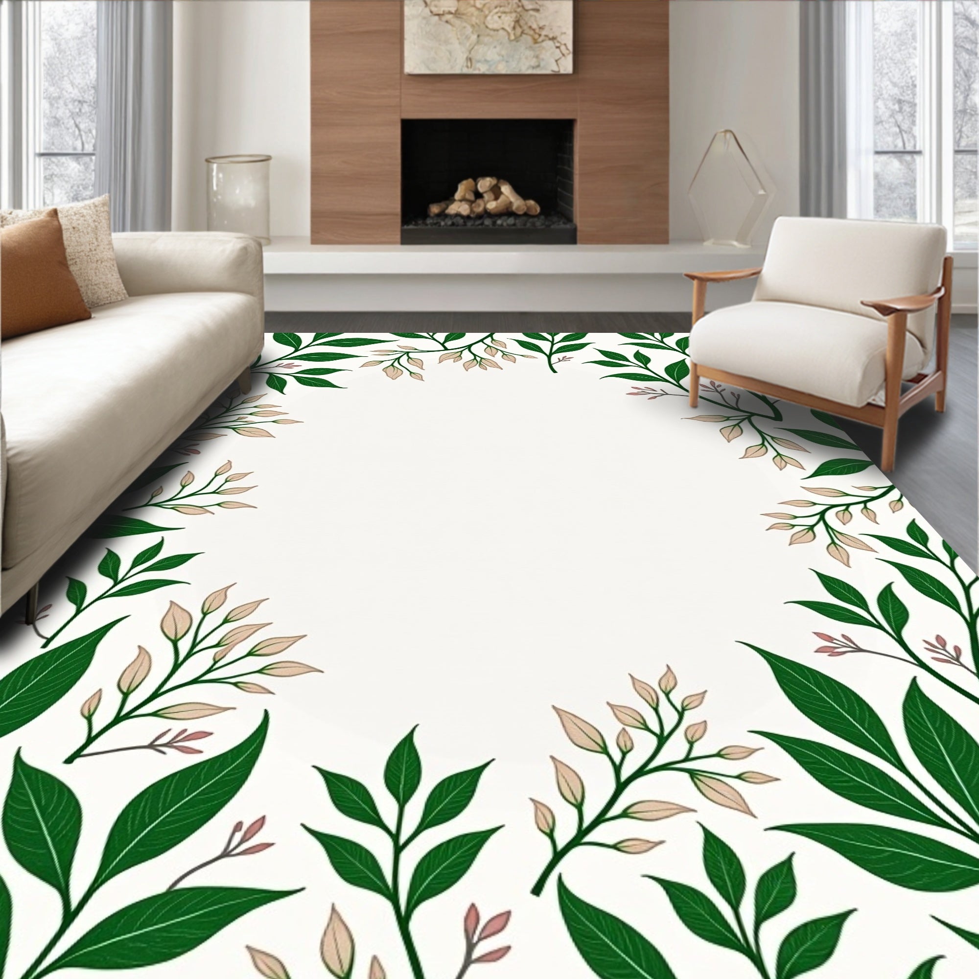 Green Leafy Vine Botanical Border Rug