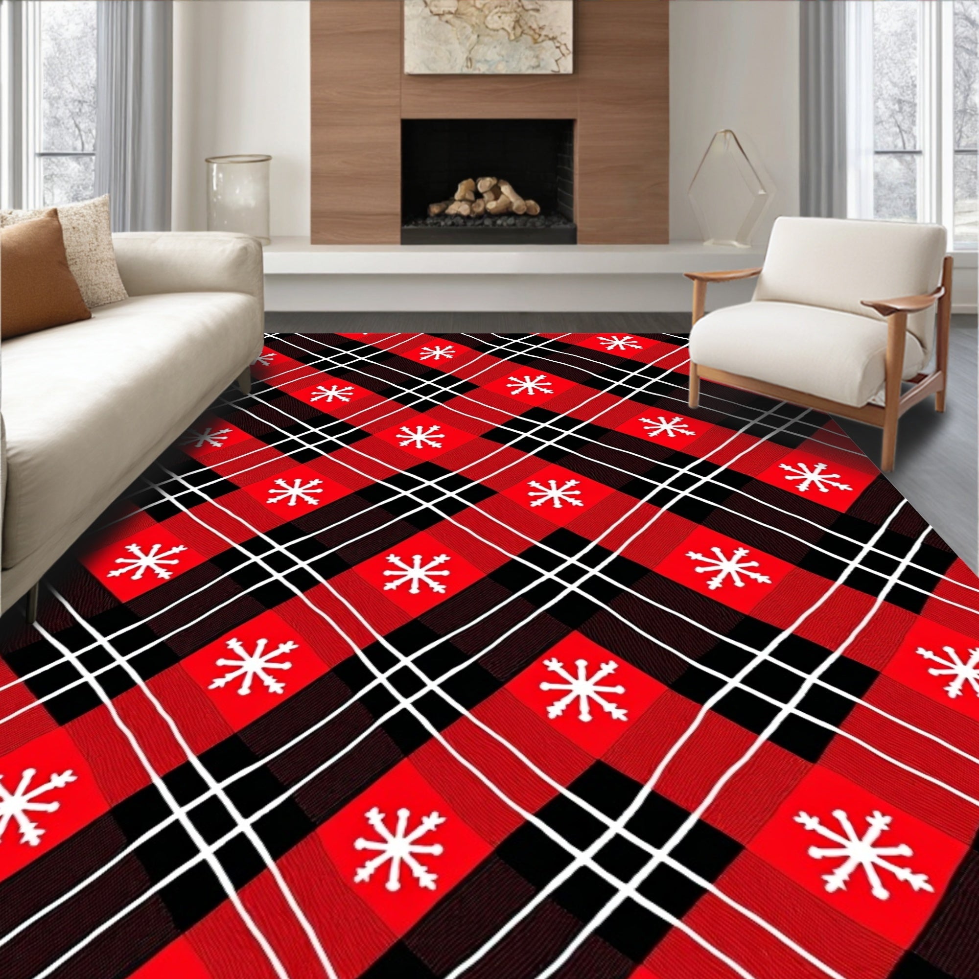 Red Black White Plaid Snowflake Rug