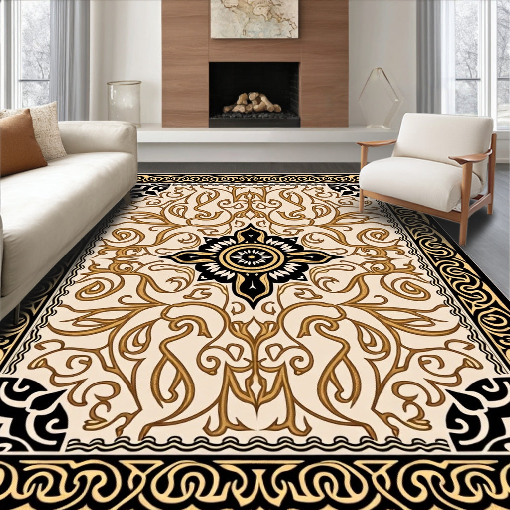 Antique Gold Floral Bordered Cream Rug